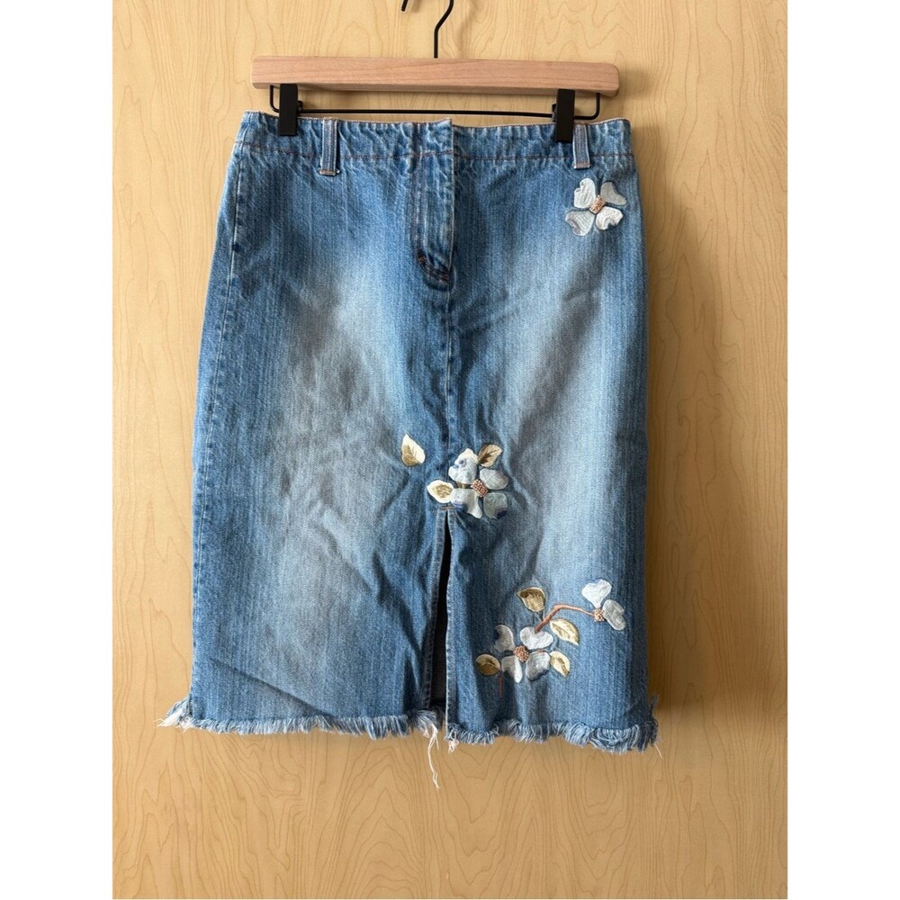 Kenneth Cole Light Blue Denim Pencil Skirt with Floral Embroidery